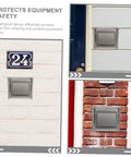 No Sweat Straight Up Weatherproof Doorbell Hood Plus Splashproof Outdoor Electrical Outlet Protector To Safeguard Ev Charger And Access Control Box Rain Or Shine Packs Of Four mounted on brick and white walls.