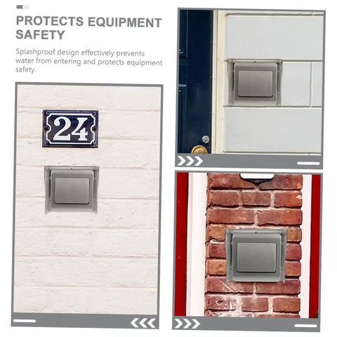 No Sweat Straight Up Weatherproof Doorbell Hood Plus Splashproof Outdoor Electrical Outlet Protector To Safeguard Ev Charger And Access Control Box Rain Or Shine Packs Of Four mounted on brick and white walls.