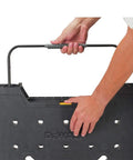 Express Folding Workbench With Quick Setup In Under 3 Seconds showing handle and metal legs