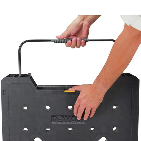Express Folding Workbench With Quick Setup In Under 3 Seconds showing handle and metal legs