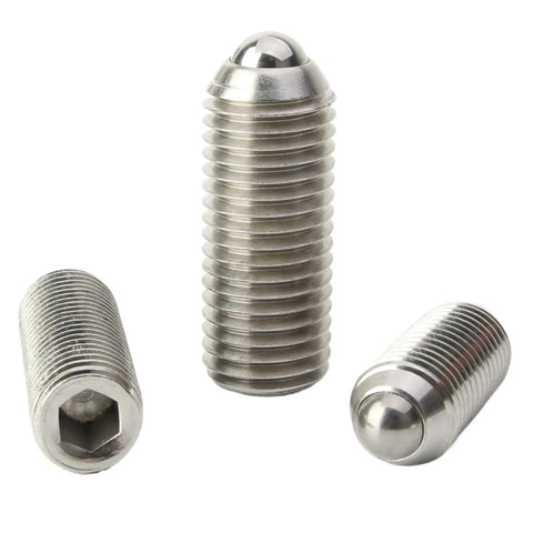 Heavy Duty Stainless Steel Spring Ball Plungers M16x50mm Hex Socket Grub Screws Featuring Rock Solid Grip Built Tough And Hella Durable For Precision Mounting And Rough Work Sites 10 Pack Set, three different angles of plunger screws.