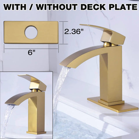 Gold Bathroom Faucet With Square Design Single Handle Waterfall Faucet For Single Hole Install Includes Brushed Brass Finish Metal Pop Up Drain And Deck Plate Fingerprint Resistant Premium Durable Brass Construction with water flowing from spout.
