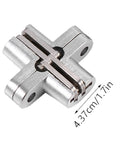 Close-up of Cross Hinge 180 Degree Invisible Folding Door Hinge for Cabinets and Sliding Doors zinc alloy, showing size.