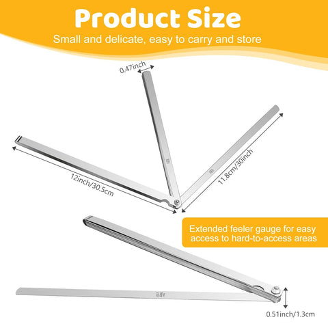 Feeler gauge set with 25 stainless blades; metric and imperial scales, extended blades for tight spaces.