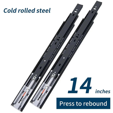 Full Extension Drawer Slides With No Squeak Glide, Three Section Full Extend, Rebound Damping For Smooth Open, 14 Inch Length