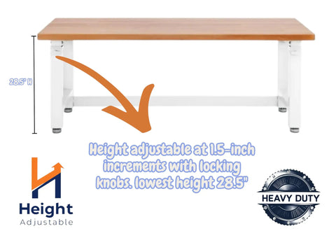 Rock Solid Height Adjustable Workbench With Premium Hardwood Surface And Hella Heavy Duty Steel Base Tough Garage Workstation 28.5 inch height.