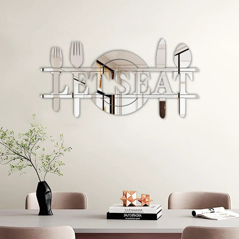 Lets Eat Wall Decor Sign In Silver Acrylic Mirror Letters For Kitchen Or Dining Room Reflective Wall Decal With Knife Spoon Fork Motif