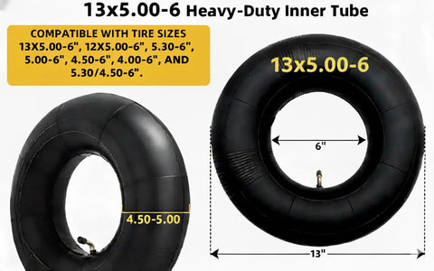 Heavy Duty Inner Tube 2 Pack With TR87 Bent Valve For 13x5-6 Tires displayed in packaging, fits go karts and mowers