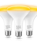 Three Amber Outdoor Bug Light Bulbs 11W Actual, 65W Equivalent BR30 Bug Flood Lights For Outside, E26 Base on white background