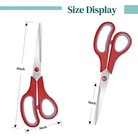 Three Pack 8 Inch All Purpose Scissors Bulk Set For Home, Office And School, Heavy Duty Stainless Steel Craft Snips, Sharp Paper Cutting Shears, Multipurpose Utility Scissors In Red, Yellow, And Blue, 8-inch size display