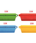 Set of colorful bag sealers in green, red, blue, and yellow, each with a 15X quantity label, displayed on a white background.
