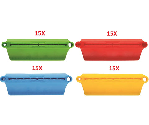 Set of colorful bag sealers in green, red, blue, and yellow, each with a 15X quantity label, displayed on a white background.