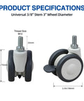 Real Smooth Roll 3 Inch Stem Caster Wheels With M12 Mount And Whisper Quiet Rubber Treads Heavy Duty Twin Wheel Casters close-up showing specifications and dimensions.