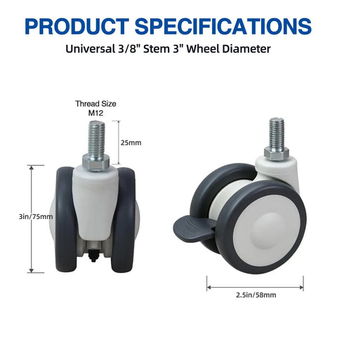Real Smooth Roll 3 Inch Stem Caster Wheels With M12 Mount And Whisper Quiet Rubber Treads Heavy Duty Twin Wheel Casters close-up showing specifications and dimensions.