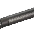 UltraStinger 77555 1100 Lumen Tactical Duty Flashlight With 65000 Candela Long Range Beam Beefy Brightness For Night Ops Rechargeable With 12V DC Smart Charger One And A Half Hour Run Time Black flashlight with textured grip and wide lens.