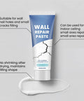 Fast Dry Wall Crack Repair Paste For Quick Fixes And Smooth Restoration, Waterproof Caulk Formula With Easy Application, Strong Adhesive Drywall Mending Putty For Cracks In Walls Ceilings And Tiles, No Finish Needed in a tube with crack repair illustration.