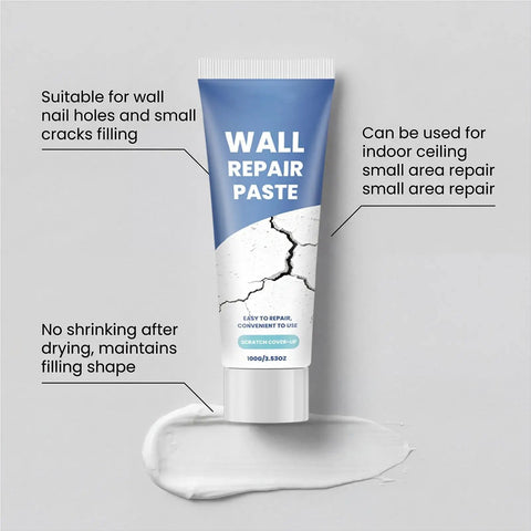 Fast Dry Wall Crack Repair Paste For Quick Fixes And Smooth Restoration, Waterproof Caulk Formula With Easy Application, Strong Adhesive Drywall Mending Putty For Cracks In Walls Ceilings And Tiles, No Finish Needed in a tube with crack repair illustration.