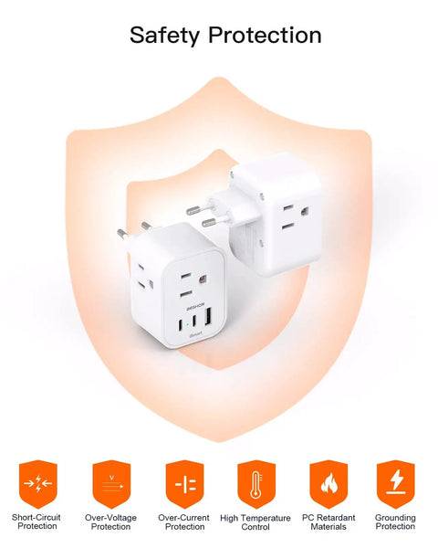 2 Pack European Travel Plug Adapter With 3 Outlets And 3 USB Ports, 2 USB-C, Type C Power Plug featured with safety protection icons