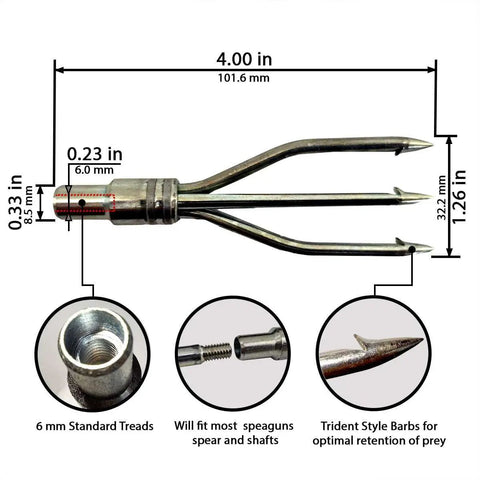 Galvanized 3 Prong Flat Trident for Spearfishing Freediving and Scuba Diving, 6mm thread, 4 inch, diagrams and measurements