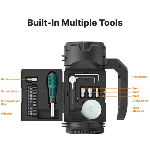 Rechargeable All In One Camping Lantern And Flashlight With Built In Multi Tool Kit open with tools displayed
