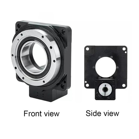 Industrial Grade Hollow Rotary Platform Featuring Rock Solid Construction And Smooth 360 Degree Spin Along With Adjustable Ratio Settings From 5 To 200 To 1 For No Sweat Cam Indexing Automation Workflows Daily - Front and Side Views of Component.