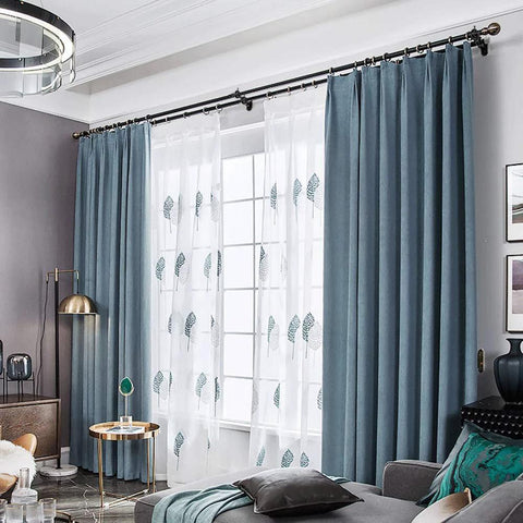 Elegant living room with curtains on Three Piece Adjustable Curtain Rod Brackets Set With Double Wall Mount Holders, black finish.