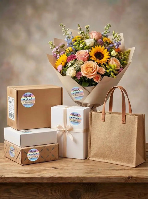 Holographic Thank You For Supporting My Small Biz Stickers 1.5 Inch Round Self Adhesive Waterproof Labels on packages and bouquet.