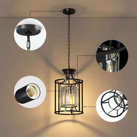 Black Metal Crystal Pendant Light With Adjustable Height, 500 Lumen 60W LED, Touch Control, Modern Kitchen Island Fixture For Dining Room Or Entryway, Sleek Black Finish details