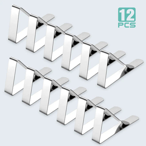 Heavy Duty Tablecloth Clips 12 Pack Stainless Steel Table Clip Clamps For Restaurants Picnics Marquees Weddings Graduation Parties Easy To Install Rust Proof And Securely Hold Table Covers No Slip displayed in a row.