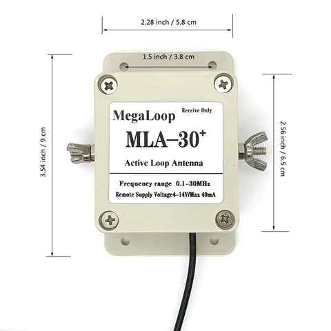 Top view of MegaLoop MLA-30+ Active Loop Antenna with dimensions marked, part of Beefed-Up Loop Active Receiving Antenna For 0.5 To 30 MHz Shortwave Radios, Low Noise Outdoor Waterproof With SMA Connector