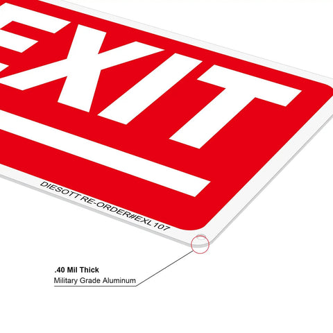 Close-up of No Hassle Installation Heavy Duty Exit Signs With Left Arrow 10X7 Inch Fade Resistant Aluminum Safety Plaque.