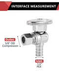 Pack Of 20 One Quarter Turn Angle Stop Valves For PEX Systems Three Eighths Inch OD Compression To Half Inch PEX Chrome Plated Lead Free Brass Compatible With Clamp And Copper Crimp showing interface measurement and chrome finish.