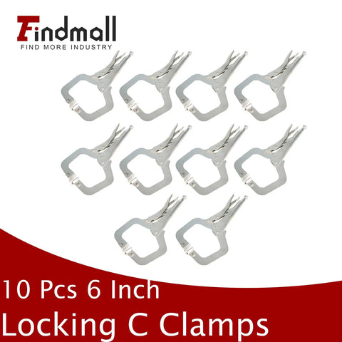 10 Piece 11 Inch Locking C Clamps With Swivel Pads, Heavy Duty C Type Locking Pliers, displayed in a grid pattern on a white background