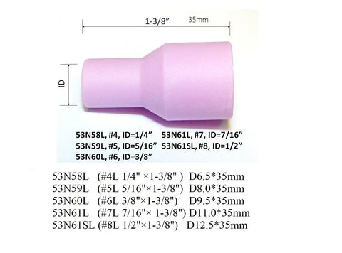 Long Size TIG Gas Lens Alumina Nozzle Ceramic Cup Set For PTA DB SR WP Welding Torches 53N61SL Eight L side view