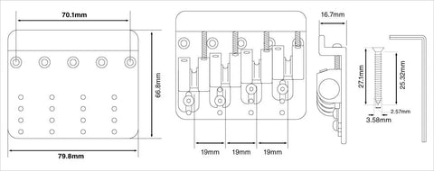 Full Contact 4 String Bass Bridge Upgrade Black For Fender Precision Jazz And Other Classic Basses Direct Replacement With Increased Sustain Game Changing Tone And Fully Adjustable Mounting For Right Or Left Handed Players. dimensioned black 4-string bass bridge diagram