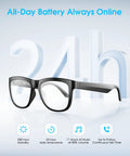 All Day Comfy Smart Glasses With Built In Mic And Speakers Blue Light Blocking Lenses Wireless Headphones For Office And Travel Voice Control Unisex Design For Men And Women Easing Eye Strain And Sleep Support displayed on a blue background highlighting 24-hour battery life.