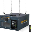 Heavy Duty 3 Speed Air Filtration System With RF Remote Control For Garage And Workshop, gray housing, mounted with chains.