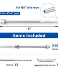 40 Pack One Eighth Inch Cable Railing Hardware Kit With Hand Swage Threaded Stud Tensioner For 4x4 And 2x2 Wood Or Metal Posts In T316 Stainless Steel For Durable Deck Cable Railing System CR39 components including tensioner, drill bit, bent wrench