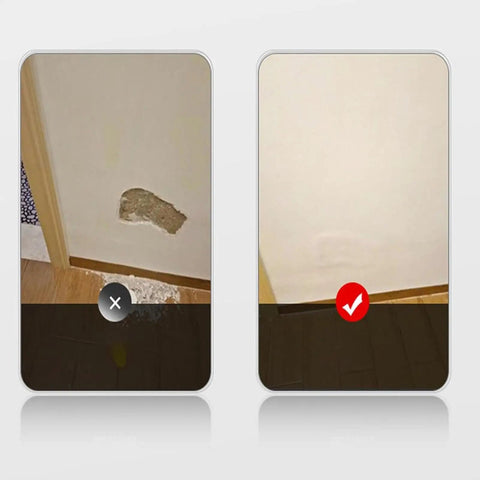 Before and after repair of a hole in a wall using All Purpose Drywall Repair Cream Kit 250g Spackle Paste For Quick Patch Up Jobs Safe Long Lasting Wall Repair For Cracks Holes And Graffiti Easy Sanding And Smooth Finish. On the left is a damaged wall, and on the right is a smooth repaired surface.