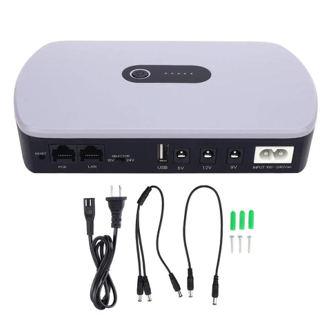 Heavy Duty 10400mAh UPS Battery Backup For Router Modem And Security Cameras solid plug and play design with multiple connectors.