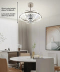 Ceiling Fan Light with 3-Color Integrated Light, 6 Speeds, Low-Noise Motor in modern dining room setting, showcasing design and height options.