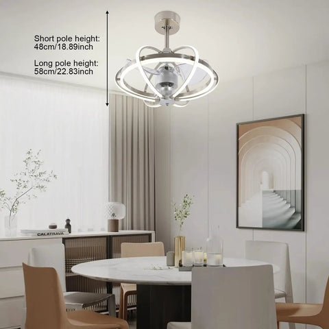 Ceiling Fan Light with 3-Color Integrated Light, 6 Speeds, Low-Noise Motor in modern dining room setting, showcasing design and height options.