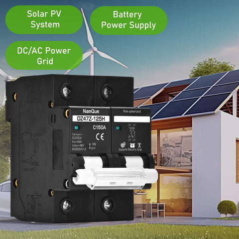 Heavy Hitter DC Circuit Breaker Rated At 150 Amps Smoothly Powers Through 36 To 250 Volts Din Rail Two Pole Thermomagnetic Switch For Solar Battery Storage And Grid Backup Needs mounted in front of a solar panel system.