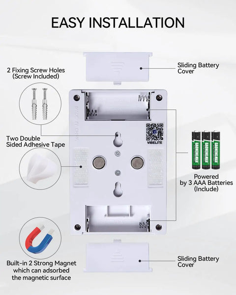 Back view of Bright Wireless COB LED Night Light Switches with installation features, battery slots, and adhesive mount details.
