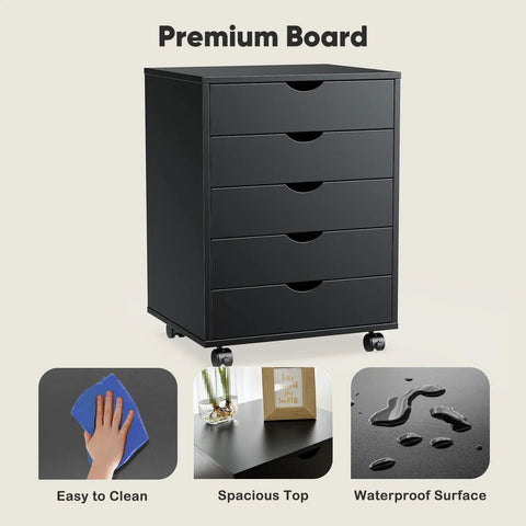 Mobile File Cabinet With Wheels For Under Desk Storage And Printer Stand, Black Wood Finish, 5 Drawer Vertical Filing Chest On Casters