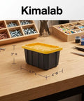 Dead Simple Mini Storage Totes With Snap Lids And Stackable Design For Hardware Sorting Plus Craft Supplies Organizer Compact Nestable Bins on a workbench, 5.7" L, black and yellow.