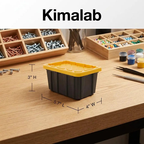 Dead Simple Mini Storage Totes With Snap Lids And Stackable Design For Hardware Sorting Plus Craft Supplies Organizer Compact Nestable Bins on a workbench, 5.7" L, black and yellow.