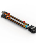 Workhorse Heavy Duty Welded Clevis Double Acting Hydraulic Cylinder With 2 Inch Bore 6 Inch Stroke Inline Ports Parallel To Pin 3000 PSI Working Pressure 9425 Lb Load Capacity SAE 6 Port cutaway view with clevis ends
