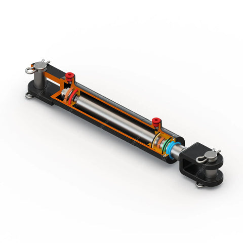 Workhorse Heavy Duty Welded Clevis Double Acting Hydraulic Cylinder With 2 Inch Bore 6 Inch Stroke Inline Ports Parallel To Pin 3000 PSI Working Pressure 9425 Lb Load Capacity SAE 6 Port cutaway view with clevis ends