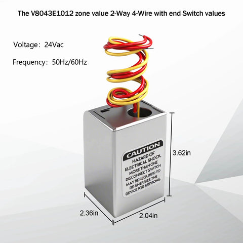 Front view of a silver 24V zone valve replacement head with red and yellow wires; 3.62in tall, 2.04in by 2.36in.